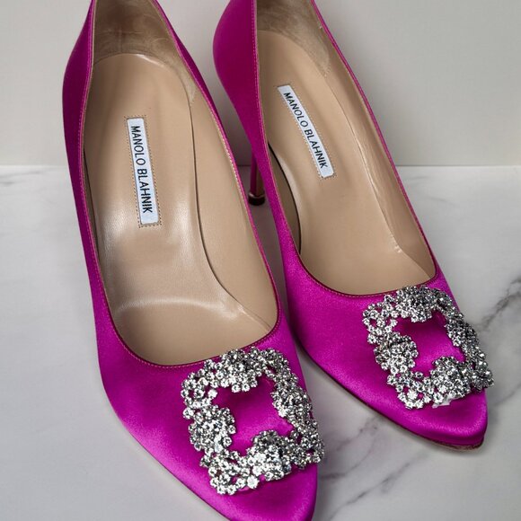 Manolo Blahnik Hangisi 90mm Crystal Satin Fuchsia Pumps Size 40.5/9.5 NWT - Picture 6 of 10